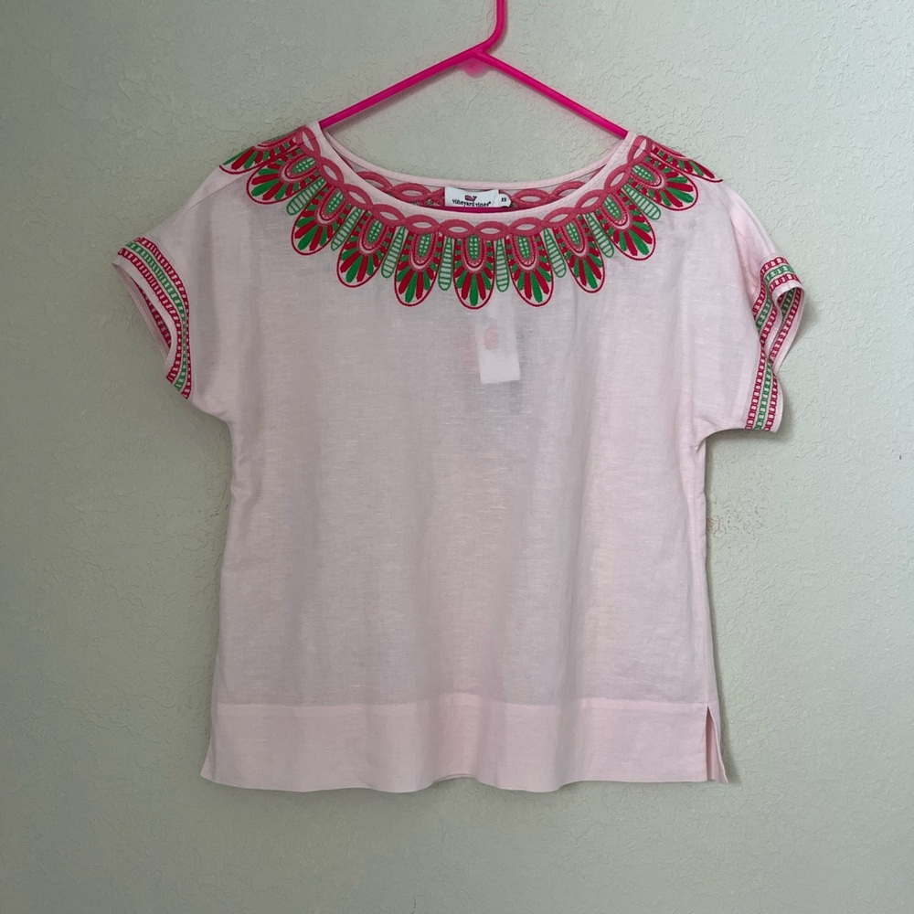 Vineyard Vines Blouse Linen Petal Embroidered Top Cherry Blossom Pink XS NEW